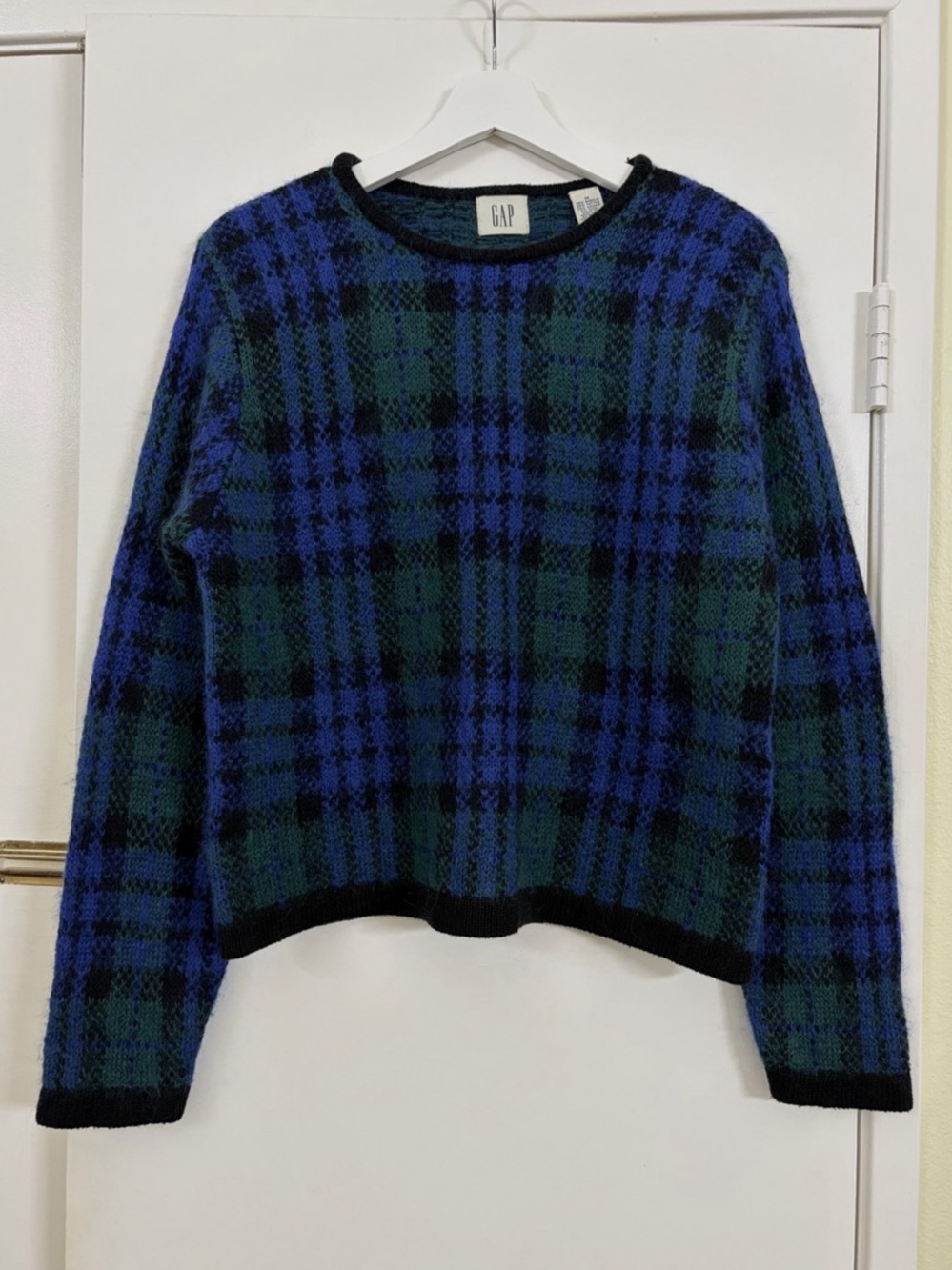 GAP Vintage 90s Mohair Blend Plaid Fuzzy Knit Sweater Grunge Retro Preppy M